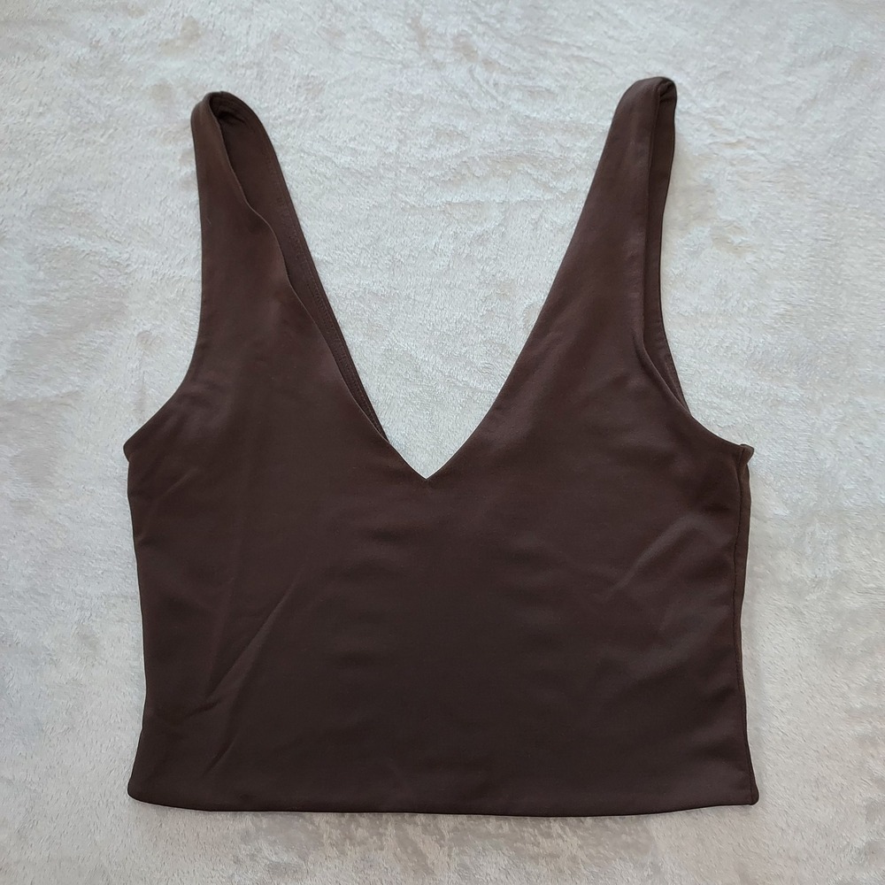 Aritzia Babaton Sculpt Knit Deep V-Neck Tank Top Brown Sleeveless Crop Chic L